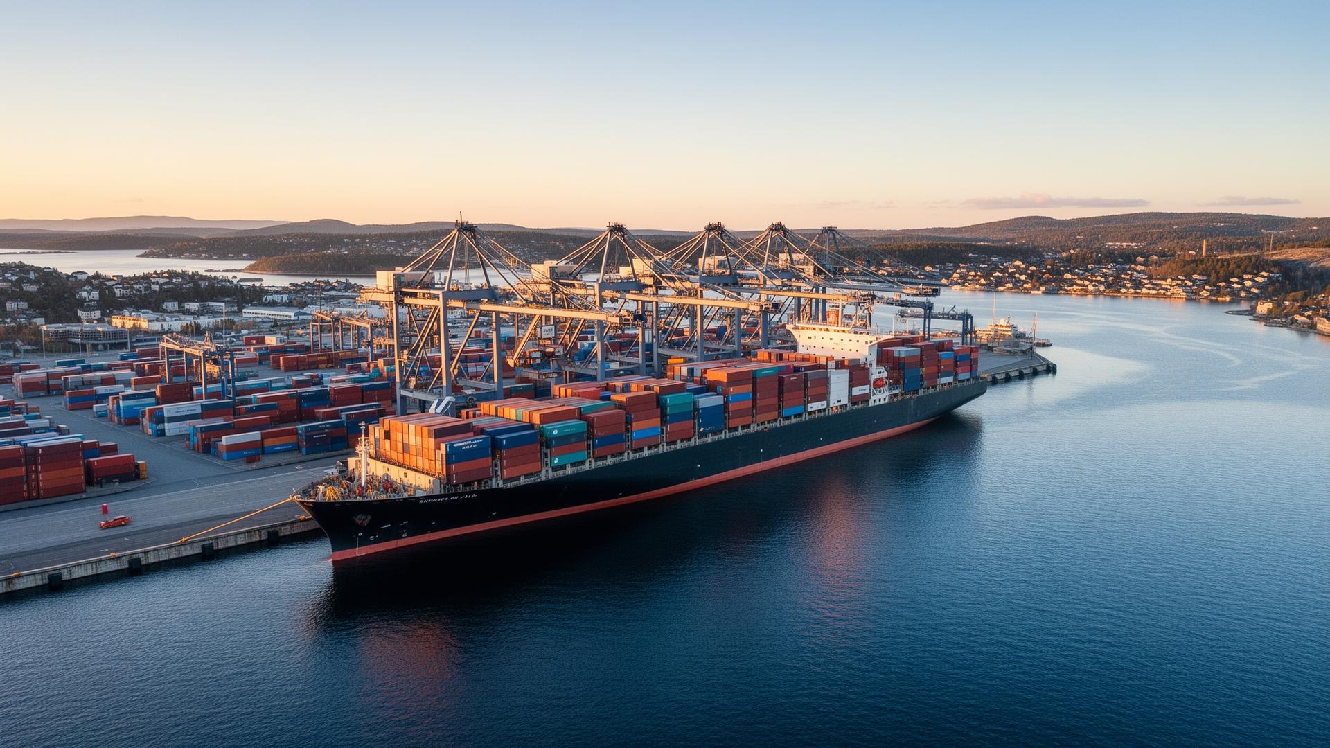 Container ship and cranes at a Scandinavian port at golden hour